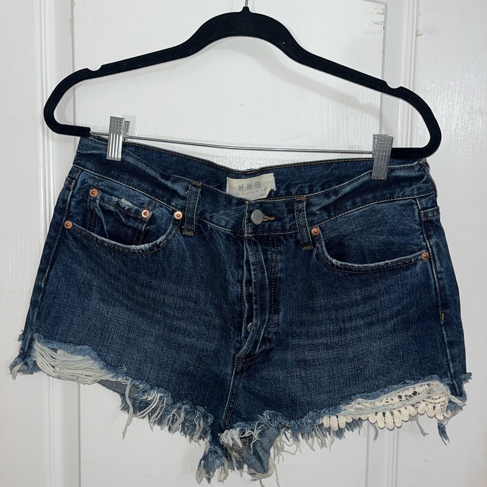 We The Free Dark Blue Jean Shorts with Frayed/Lace Hem — Size 31